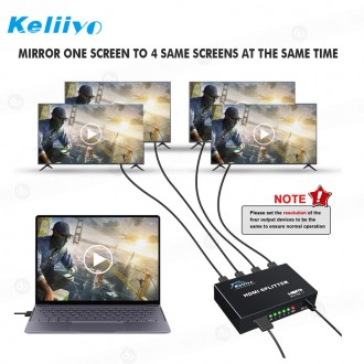 KELIIYO - Divisor HDMI 1 en 4 salidas V1.4b alimentado por HDMI con adaptador de CA duplicado/monitor de pantalla 